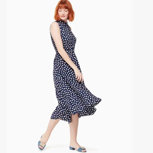 [Kate Spade] Navy California Dreaming Cloud Dot Sleeveless Shirtdress Midi Sz 0 - Picture 12 of 12